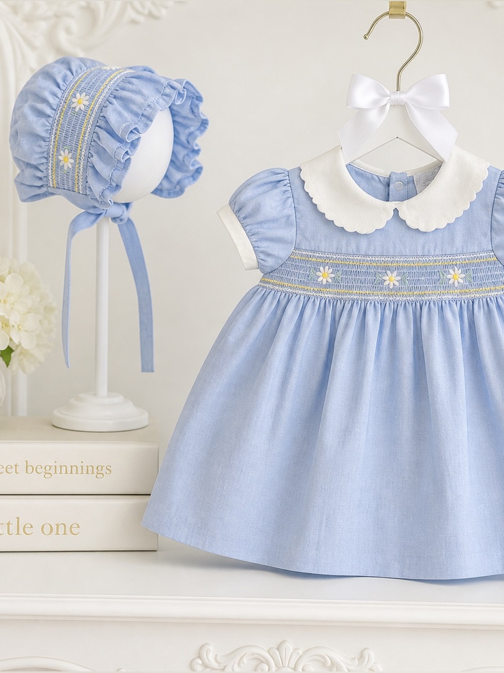 Vintage Rare Baby Girl 3-6M Blue Smocked Heirloom Dress with Matching Bonnet HTF